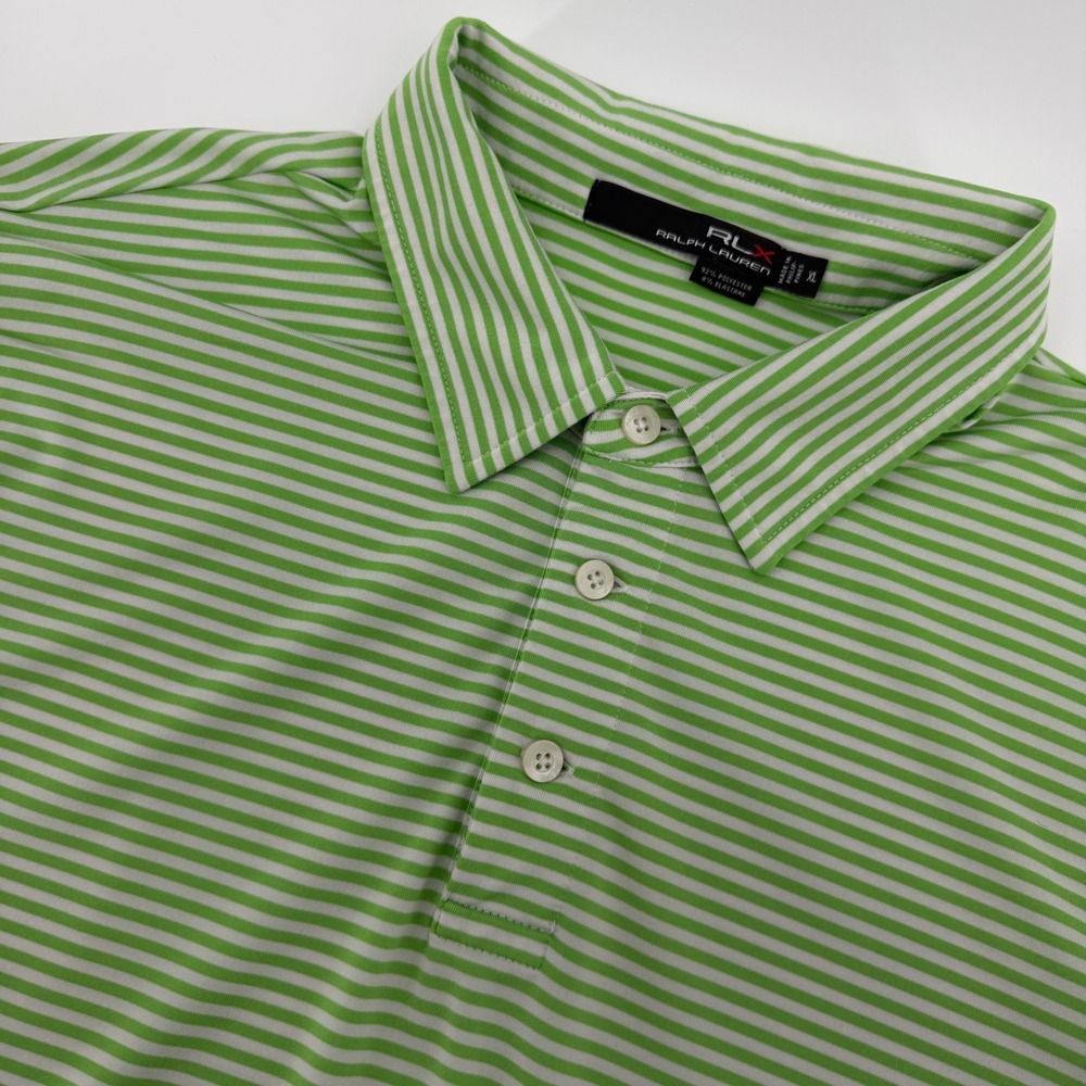 RLX Ralph Lauren Polo Shirt Men XL Green White Stripe Performance Golf Short Slv